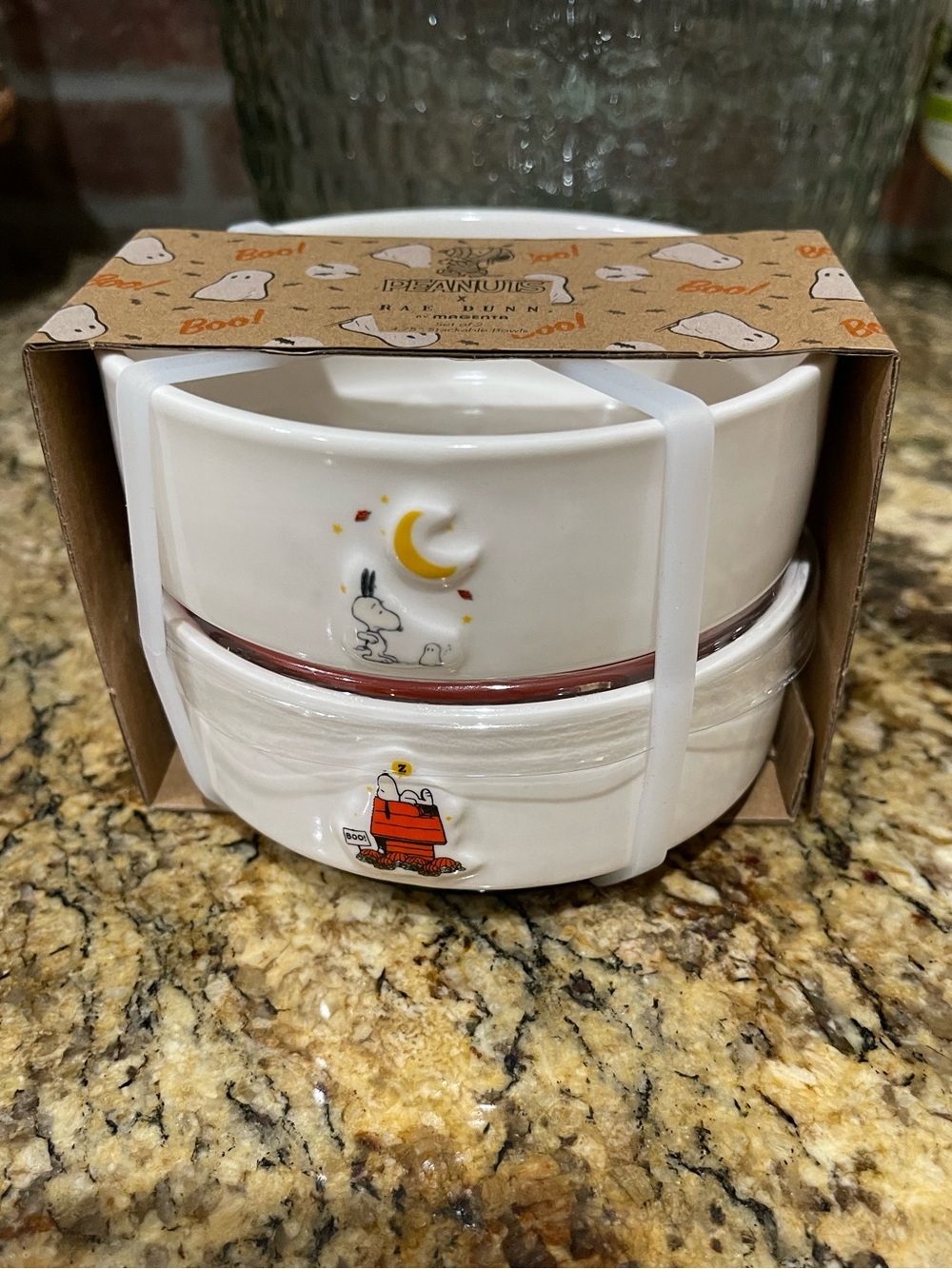 Rae Dunn Peanuts Snoopy Pet Stackable Bowls 4.75” halloween BOO themed - NEW